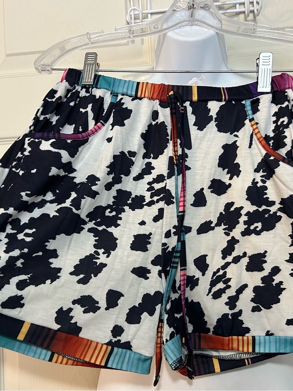 Black and White Cow Print Drawstring Shorts with Multicolor Trim